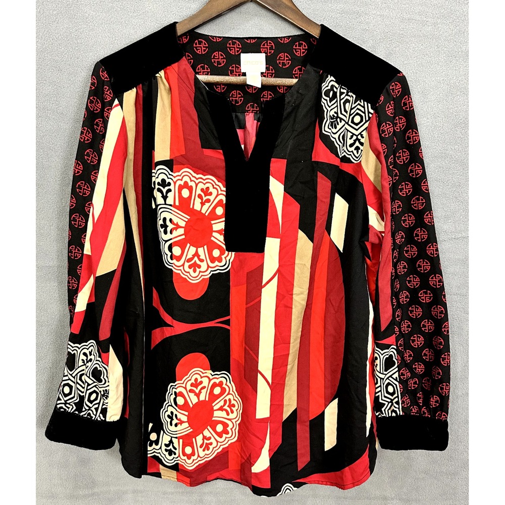 Chico's Blouse MP Red Black Geometric Art Deco Boho Mod Retro Statement Top